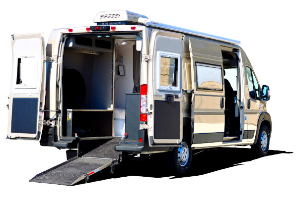pathway wheelchair accessible rv with rear ramp deployed